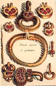 Part of the contents of the tomb of the Frankish King Childeric, discovered in 1653 in Tournai, Belgium.